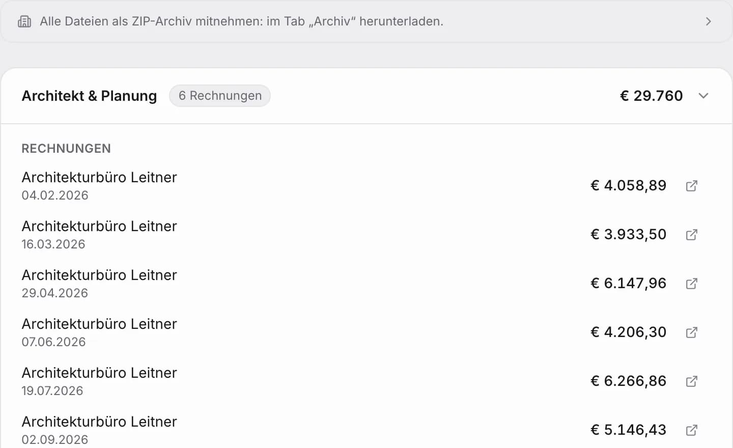 Hausakte mit Rechnungen nach Gewerk gruppiert