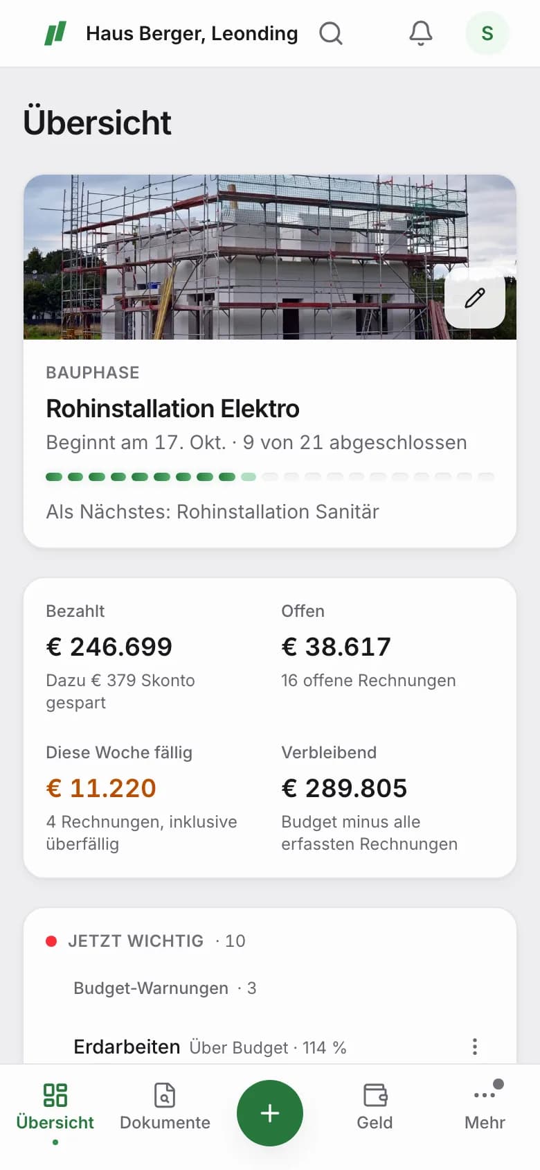 Projektübersicht mit einer überfälligen Rechnung und anstehenden Skonto-Fristen
